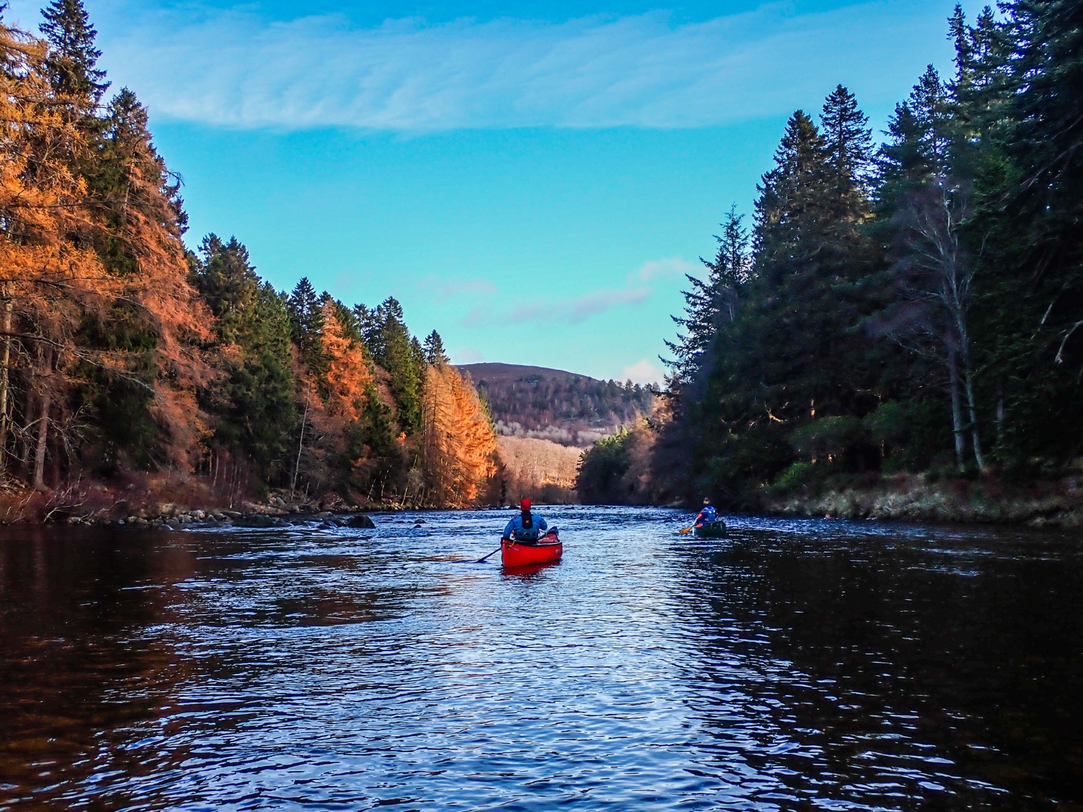 Canoeists on a river between autumn woodland